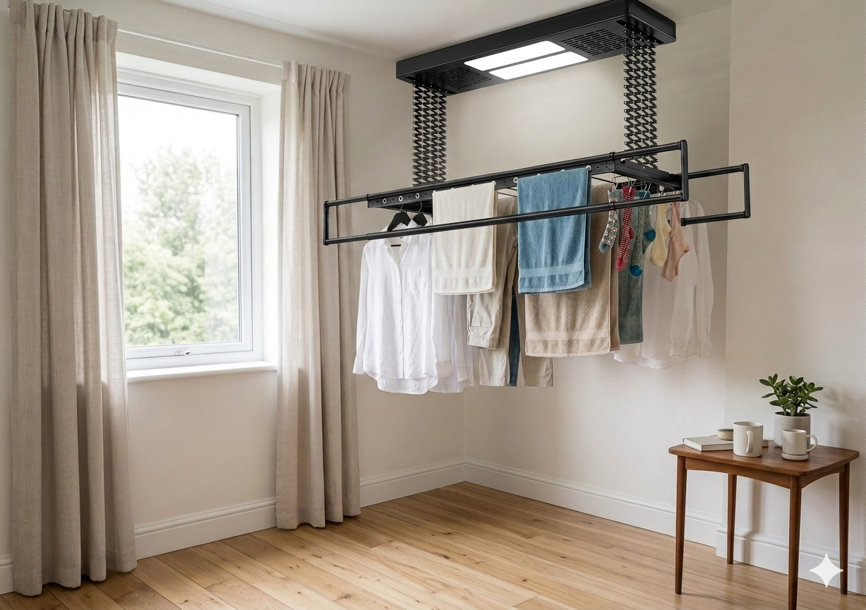 SkyLift smart ceiling drying rack installed in a furnished room, raised, floor clear